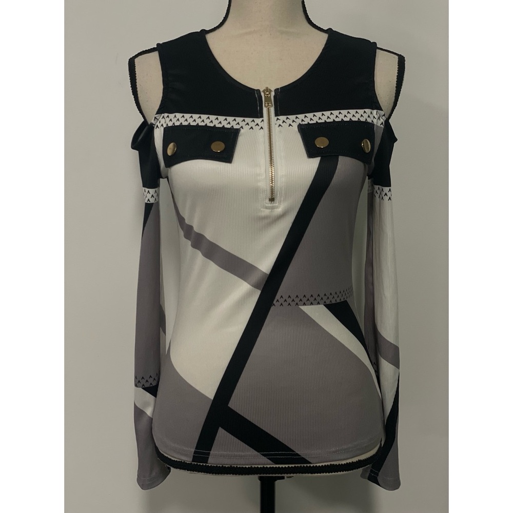 Chicme Cold Shoulder 1/4 Zip Long Sleeve Top White, Gray & Black Size S